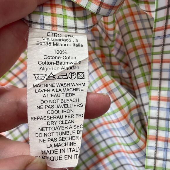 ETRO Shirt Men's 46‎ Long Sleeve Colorful Check Cotton Dress Button Italy - Picture 9 of 9